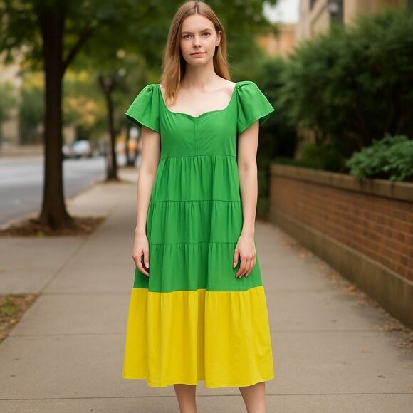 Donna Morgan Colorblock Maxi Dress Green Yellow Cap Sleeve Square Neck Size 0 - Picture 1 of 4
